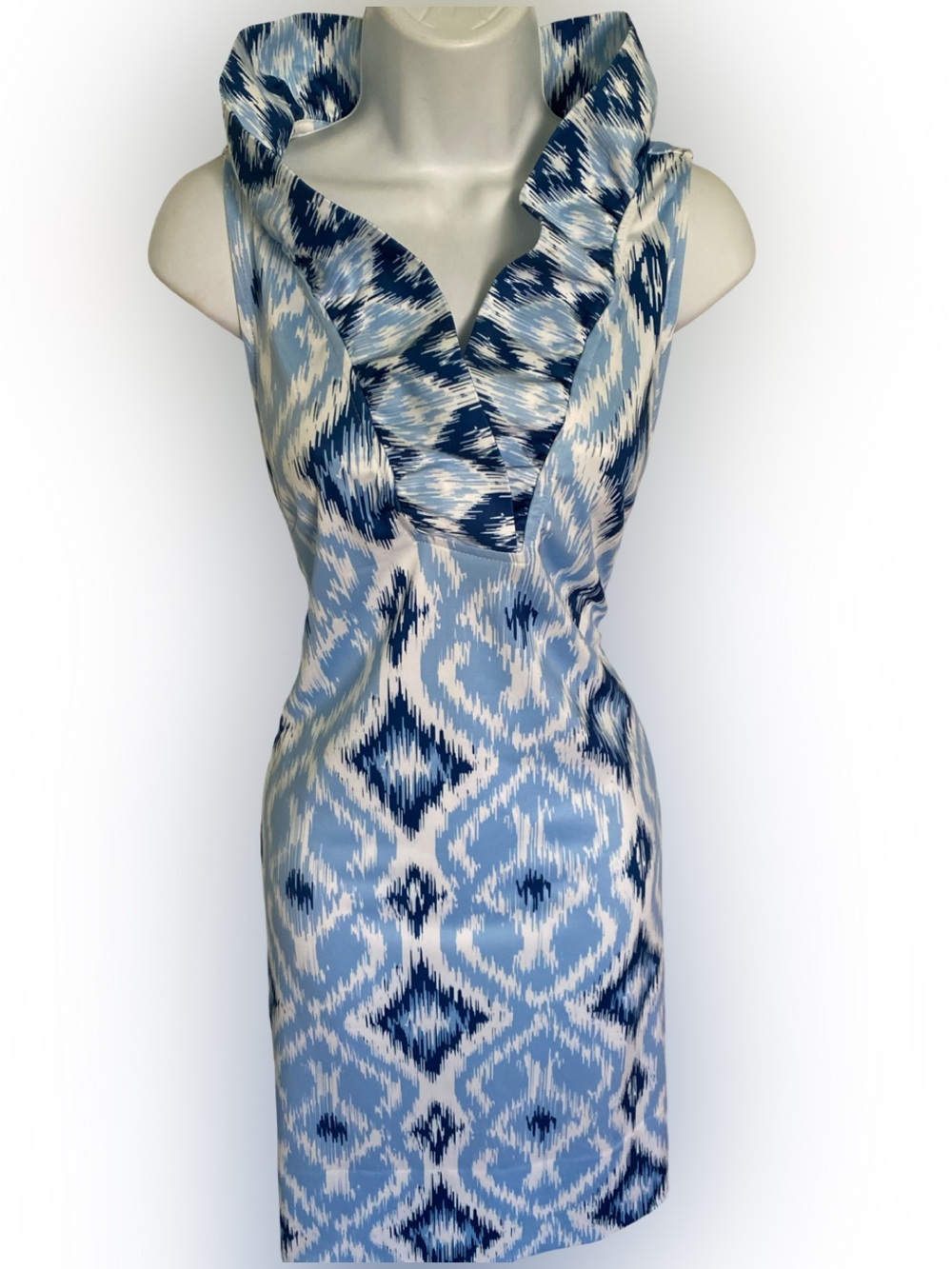 Gretchen Scott Designs Blue and White Ikat Ruffle Sheath Dress